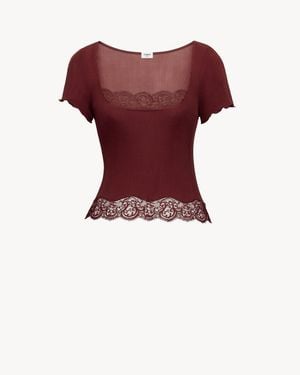 Saint Laurent Cropped Leavers Lace-Trimmed Ribbed Silk-Jersey Top - Red