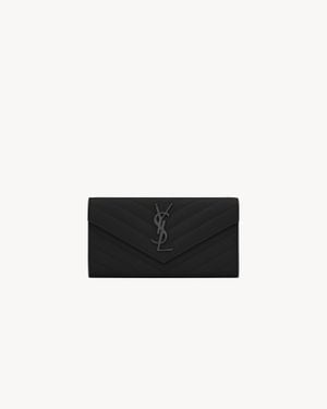 Saint Laurent Saint Laone Sizerent モノグラム・サンローラン ラージフラップウォレット（ブラック／グレインパウダーテクスチャード キルティングレザー） - ホワイト