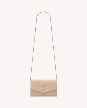 Saint Laurent Envelope Chain Wallet In Grain De Poudre Embossed Leather - White