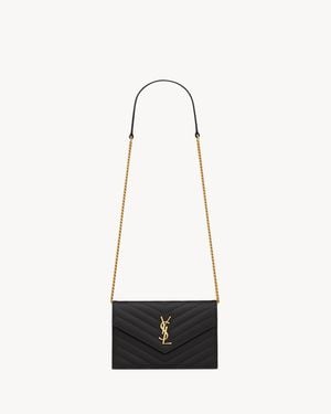 Saint Laurent Cassandre Envelope Portemonnaie Mit Kette Aus Leder Mit Grain-De-Poudre-Prägung - Weiß
