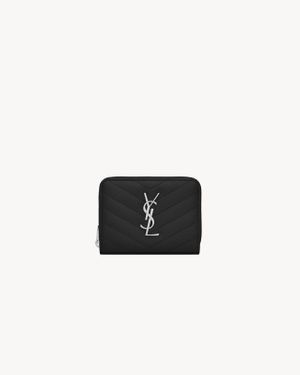 Saint Laurent モノグラム コンパクト ジップアラウンド ウォレット（グレイン ド プードル エンボスレザー） ブラック - ホワイト