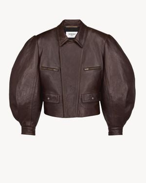 Saint Laurent Veste À Manches Ballon En Cuir Froissé - Marron