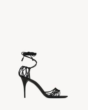 Saint Laurent Leather Stiletto Sandals With Bronze Ysl Logo - Black