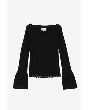 3.1 Phillip Lim Long Sleeve Wool Ribbed Open Neck Sweater - Black