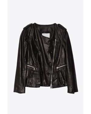 3.1 Phillip Lim Motorcycle Leather Jacket With Tiered Ruffle Hem - Black