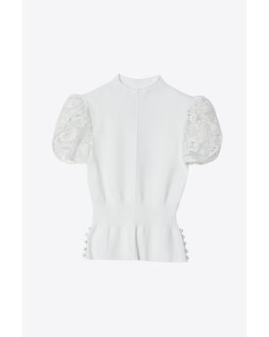 3.1 Phillip Lim Compact Rib Tulip Top With Corded Lace Sleeves - White