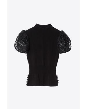 3.1 Phillip Lim Compact Rib Tulip Top With Corded Lace Sleeves - Black