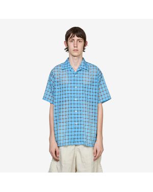 Beams Plus Open Collar Shirt Nylon Airy Plaid Sax - Blue