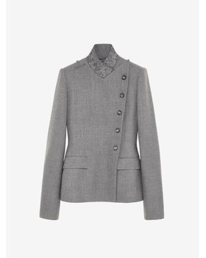 McQueen Wool Pinstripe Cross Lapel Jacket - Grey