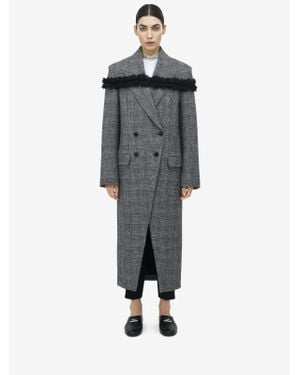 McQueen Slashed Creponne Detail Tweed Check Coat - Grey