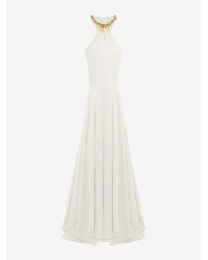 McQueen Leaves And Crystal Embroidery Evening Dress - White