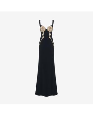 McQueen Gold Rose Embroidery Evening Dress - Black