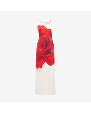 McQueen White Bleeding Rose Pencil Dress - Red