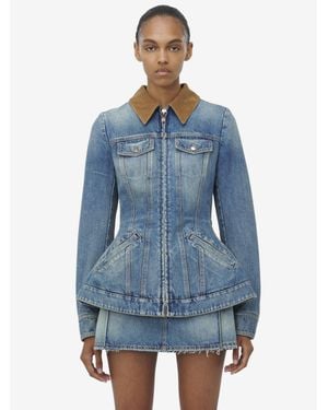 McQueen Light Washed Denim Jacket With Ruffles - Blue
