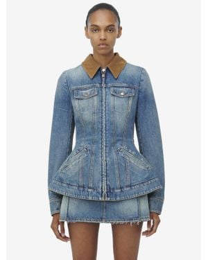 McQueen Light Washed Denim Jacket With Ruffles - Blue