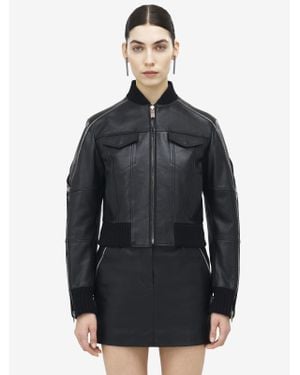 McQueen Zip Detail Leather Bomber Jacket - Blue