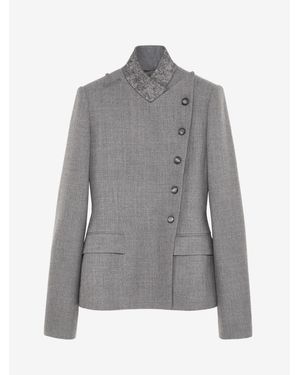 McQueen Wool Pinstripe Cross Lapel Jacket - Grey