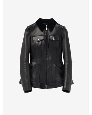 McQueen Peplum Corduroy-Trimmed Leather Jacket - Black