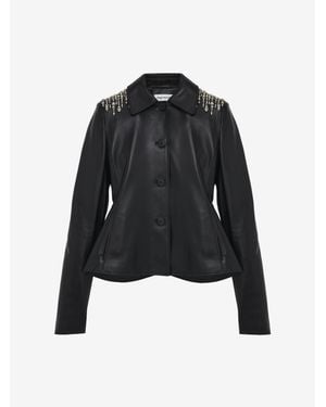 McQueen Crystal Embroidery Leather Peplum Jacket - Grey