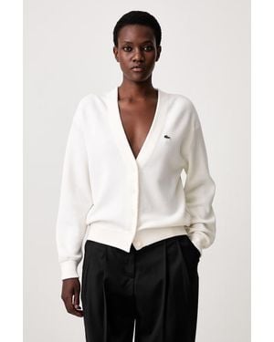 Lacoste Cardigan Da Donna Con Lana - Bianco