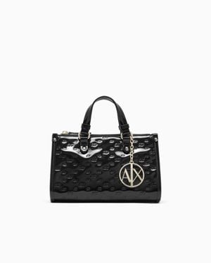 ARMANI EXCHANGE Glossy Handbag With Embossed Pattern And Detachable Strap - Black
