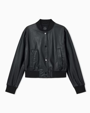 ARMANI EXCHANGE Faux Leather Bomber Jacket With Ribbed Edges - Black
