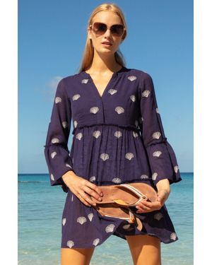 Aspiga Sustainable Cristina Embroidered Shell Kaftan Summer Holiday Beach Cover Up 100% Organic Cotton - Blue