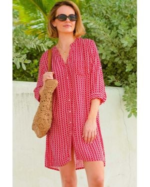 Aspiga Ladies Sustainable Mila Shirt Tunic Dress Viscose Santorini Pattern Summer Beach Holiday Cover Up - Green