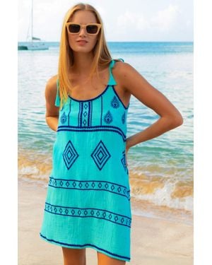 Aspiga Ladies Sustainable Imogen Embroidered Patterned Dress Tie Strap Summer Beach Cover Up - Blue