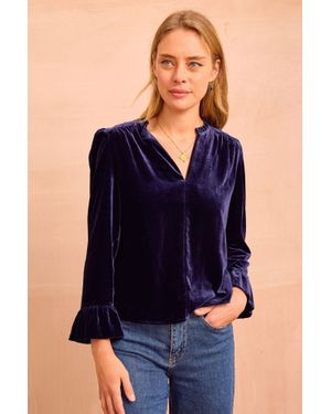Aspiga Ladies Ethical Astrid Velvet V-Neck Fluttered Sleeve Top - Blue