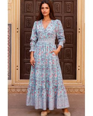 Aspiga Sustainable Billie Block Print Organic Cotton Summer Wedding Guest Evening Dress Floral Printed - Blue