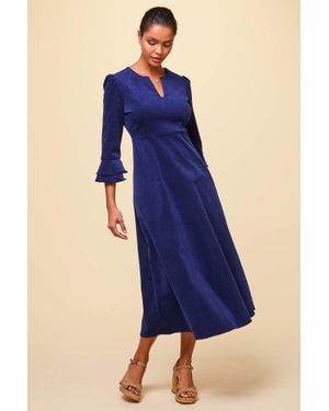 Aspiga Ladies Sustainable Jocelyn V-Neck 3/4 Sleeve Corduroy Winter Wedding Guest Evening Dress Atlantic - Blue