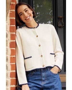 Aspiga Ladies Sustainable Merino Wool Blanket Stitch Cardigan Cream - Blue