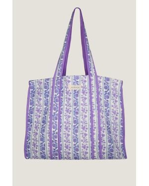 Aspiga Ladies Sustainable Quilted Block Print Tote Bag Linear Floral Summer Beach Botanical - Purple