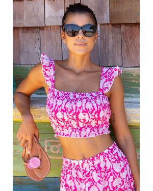 Aspiga Ladies Sustainable Bryony Shirred Top Cotton Floral Dianthus Summer Holiday Co Ord - Pink