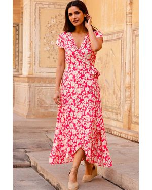 Aspiga Sustainable Demi Short Sleeve Wrap Ecovero Viscose Summer Wedding Guest Evening Dress Floral Printed - Pink