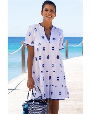 Aspiga Ladies Sustainable India Embroidered Dress Organic Cotton Short Sleeve Beach Cover Up Mini Summer Holiday Embroidery - Blue