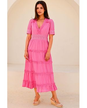 Aspiga Ladies Sustainable Viola Cotton V-Neck Short Sleeve Dress Summer Holiday Wedding Dress - Pink
