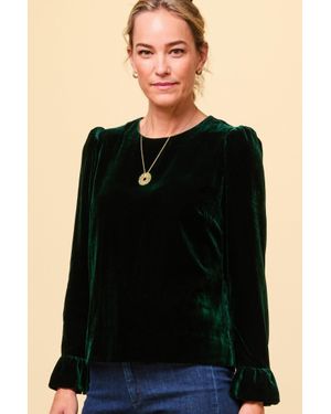 Aspiga Ladies Sustainable Victoria Velvet Top Long Sleeve Frill Puff Shoulder Sleeve - Black