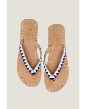 Aspiga Ladies Sustinable Kenyan Beaded Ziggy Sandals Leather And Glass Beads/ Summer Flip Flops - Blue