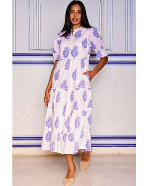 Aspiga Sustainable Cordelia Organic Cotton Block Print Summer Wedding Guest Evening Dress Floral Printed - White