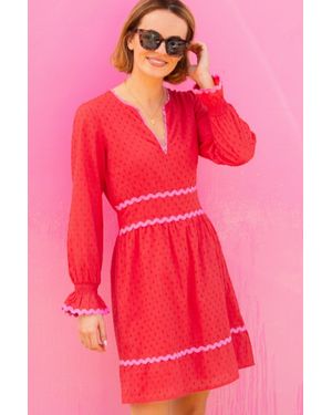Aspiga Ladies Sustainable Short Purdie Organic Cotton Ric Rac Dobby Summer Holiday Dress - Pink