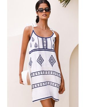 Aspiga Ladies Sustainable Imogen Embroidered Patterned Dress Tie Strap Summer Beach Cover Up - White