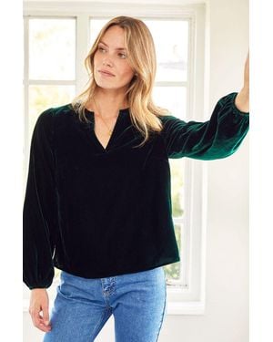 Aspiga Ladies Sustainable Faye Velvet Blouse Long Sleeve V Neck - Blue