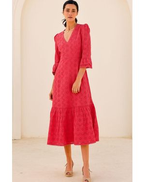 Aspiga Ethical Victoria Broderie V-Neck Cotton Summer Wedding Guest Evening Dress - Red