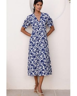 Aspiga Ladies Sustainable Anne Ecovero Tea Viscose Summer Evening Dress Floral Printed Cream - Blue