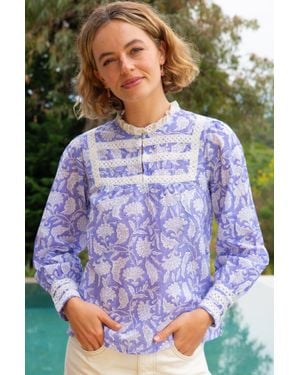 Aspiga Ladies Sustainable Margot Blouse Organic Cotton Floral Block Print Lace Detailing Cream - Purple