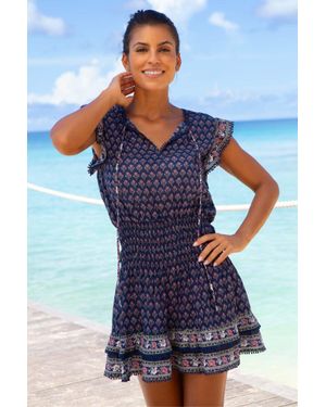 Aspiga Ladies Sustainable Macy Dress Mini Organic Cotton Summer Holiday Beach Cover Up Primrose Floral Stamp - Blue