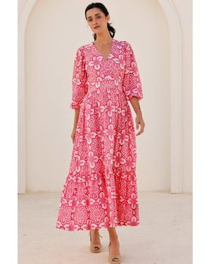 Aspiga Sustainable Annie Maxi Organic Cotton Summer Wedding Guest Evening Dress Floral Printed - Pink
