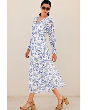 Aspiga Ethical Long Sleeve Sally Anne Viscose Summer Wedding Guest Evening Dress Floral Printed - Blue